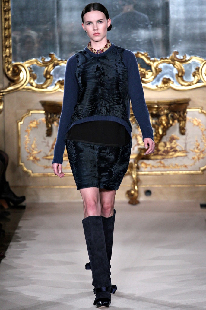 blue silk top with black velvet skirt