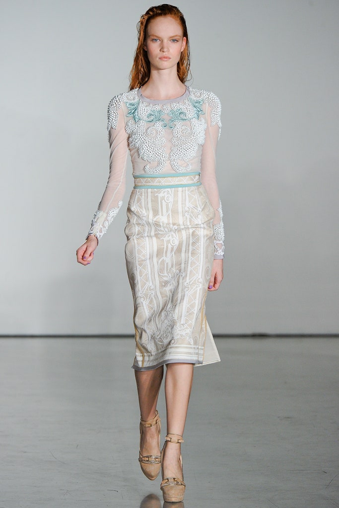 white silk long-sleeve v-neck fitted embroidered sheer blouse