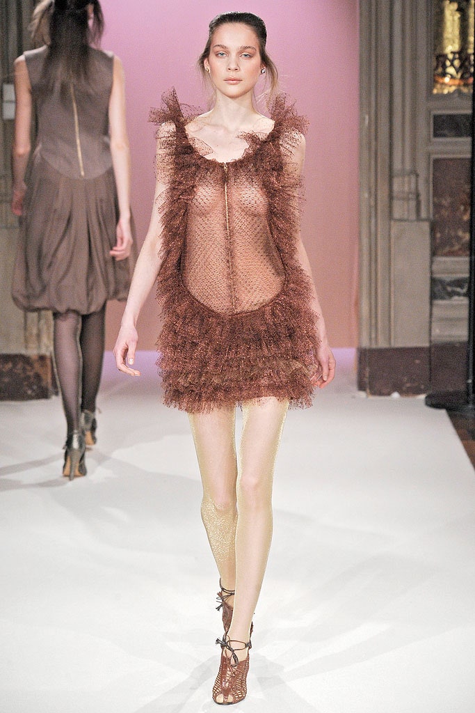 brown sheer ruffled mini dress