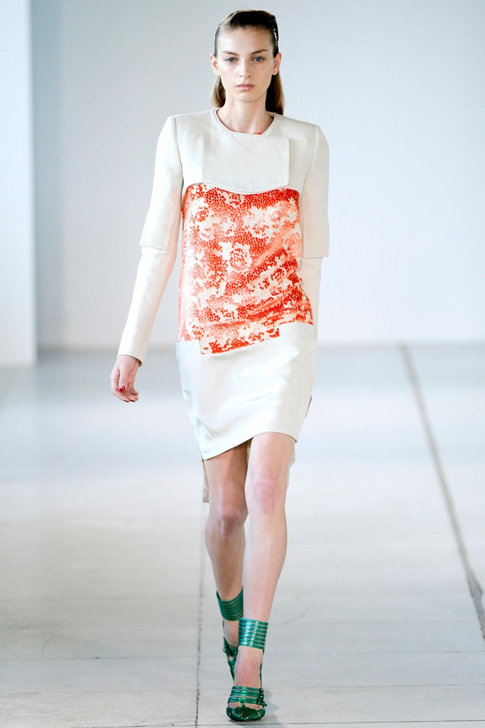 white and orange fitted dress