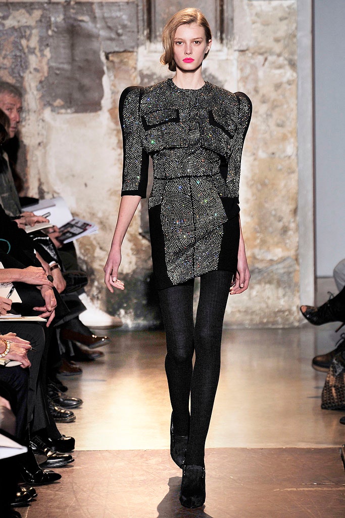 black silk long-sleeve v-neck fitted structured pleated dress