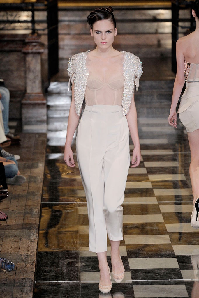 beige silk sleeveless blouse with tailored pants