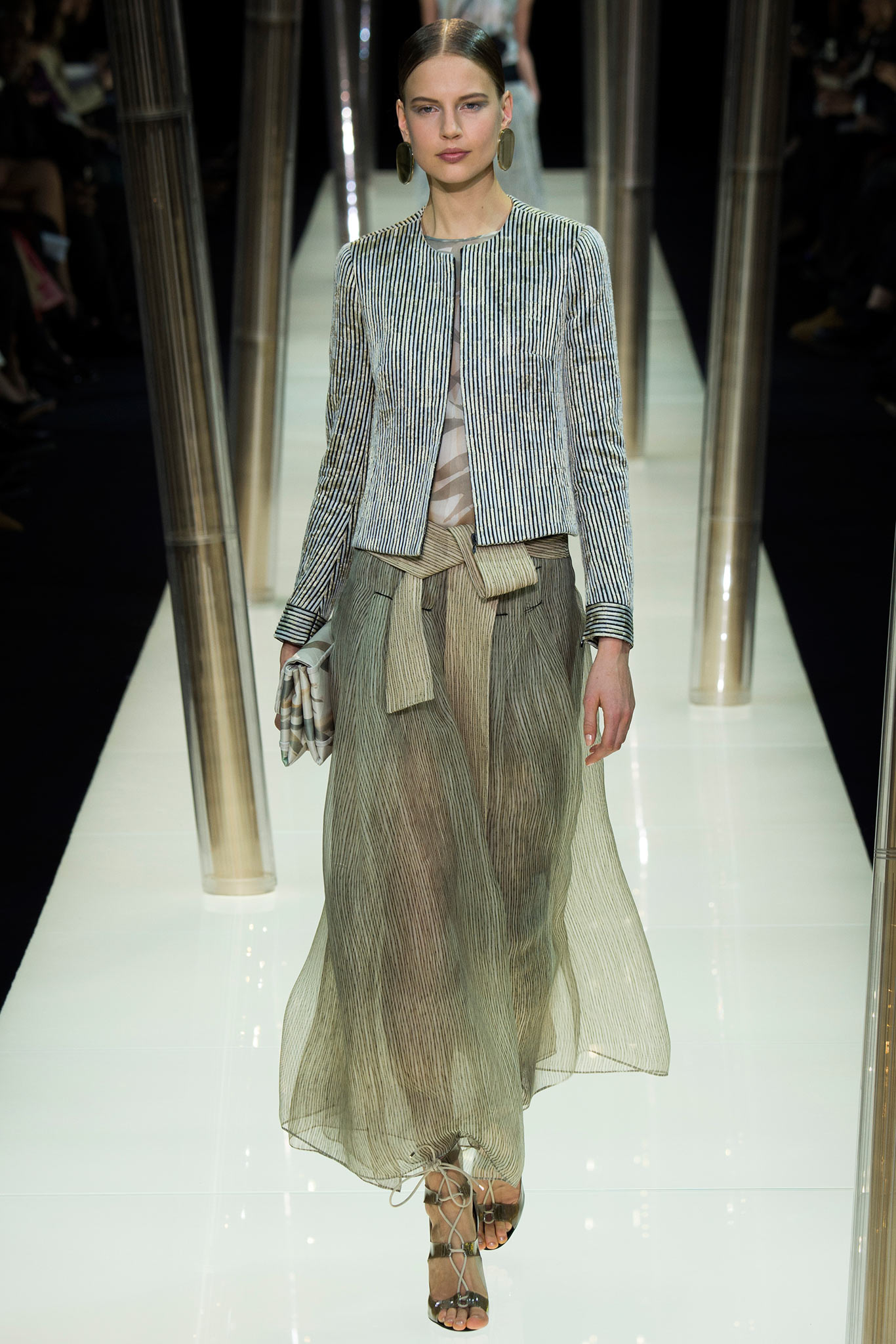 gray striped jacket with layered skirt