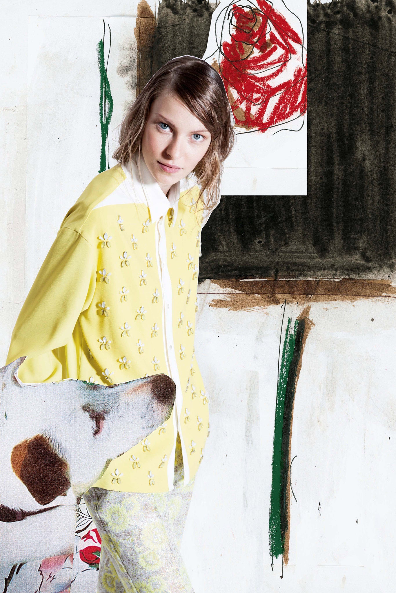 yellow embroidered shirt with flared pants