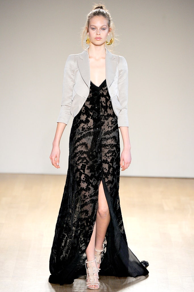 black embroidered gown with gray jacket