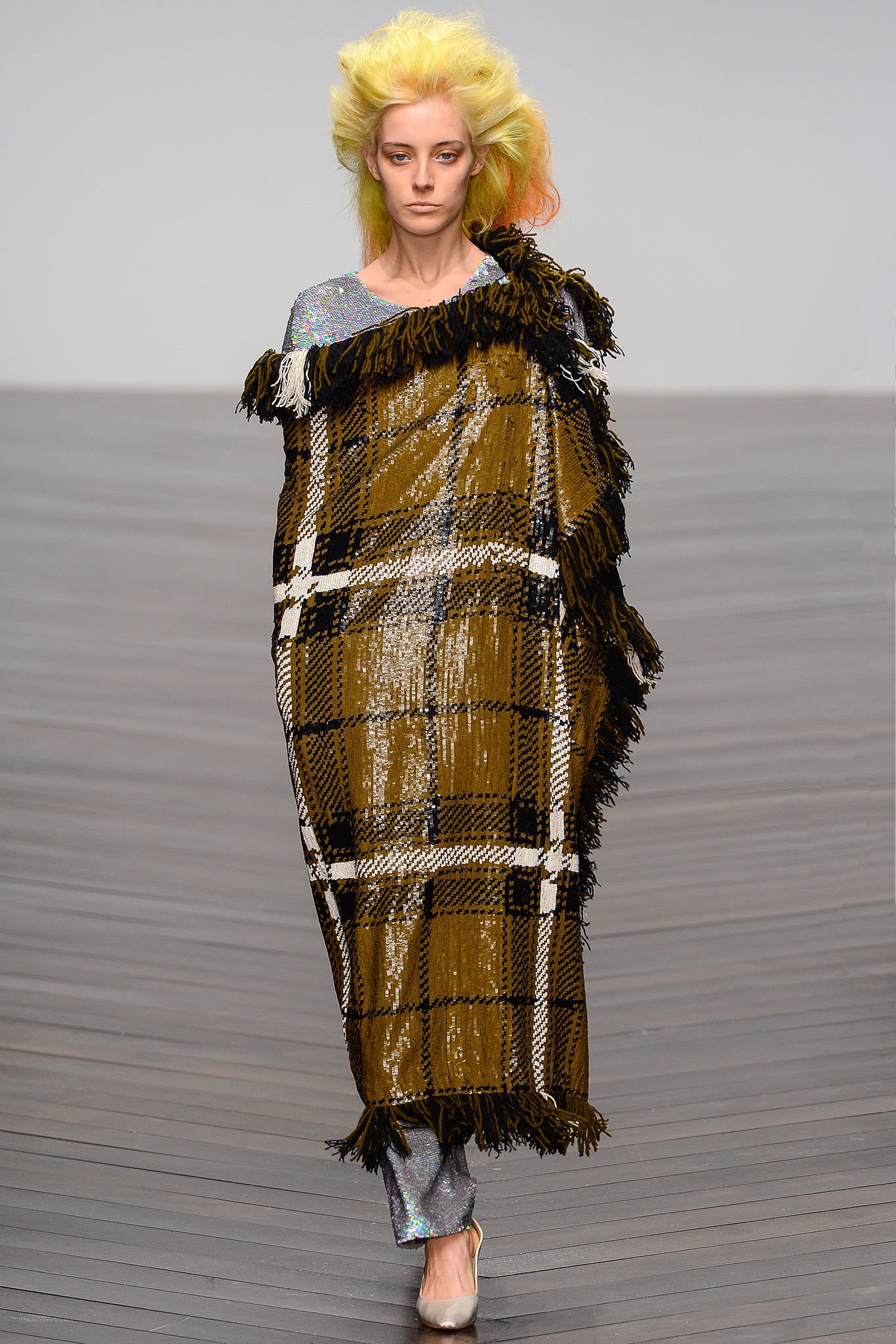 brown checked fringed dress with silver pants