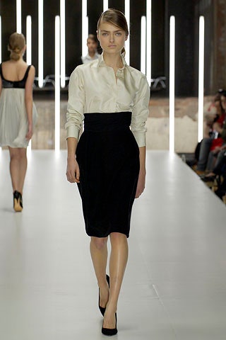 white silk shirt and black pencil skirt