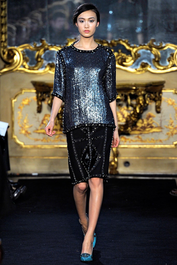 blue sequin top and black pencil skirt