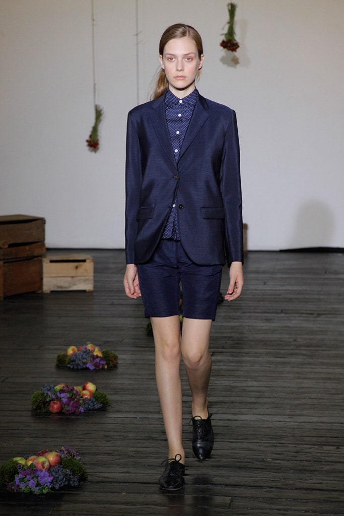 navy tailored blazer with shorts