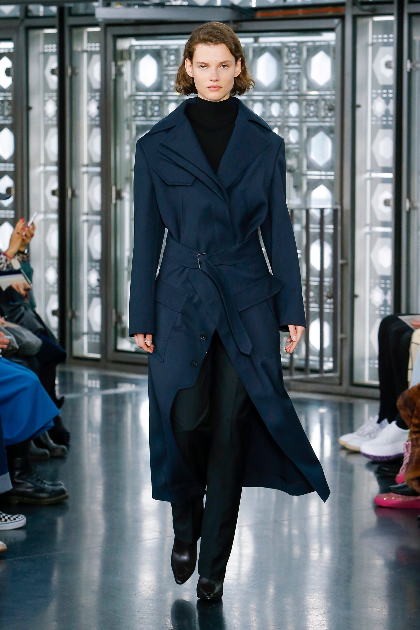 blue wool long-sleeve collared fitted belted midi coat