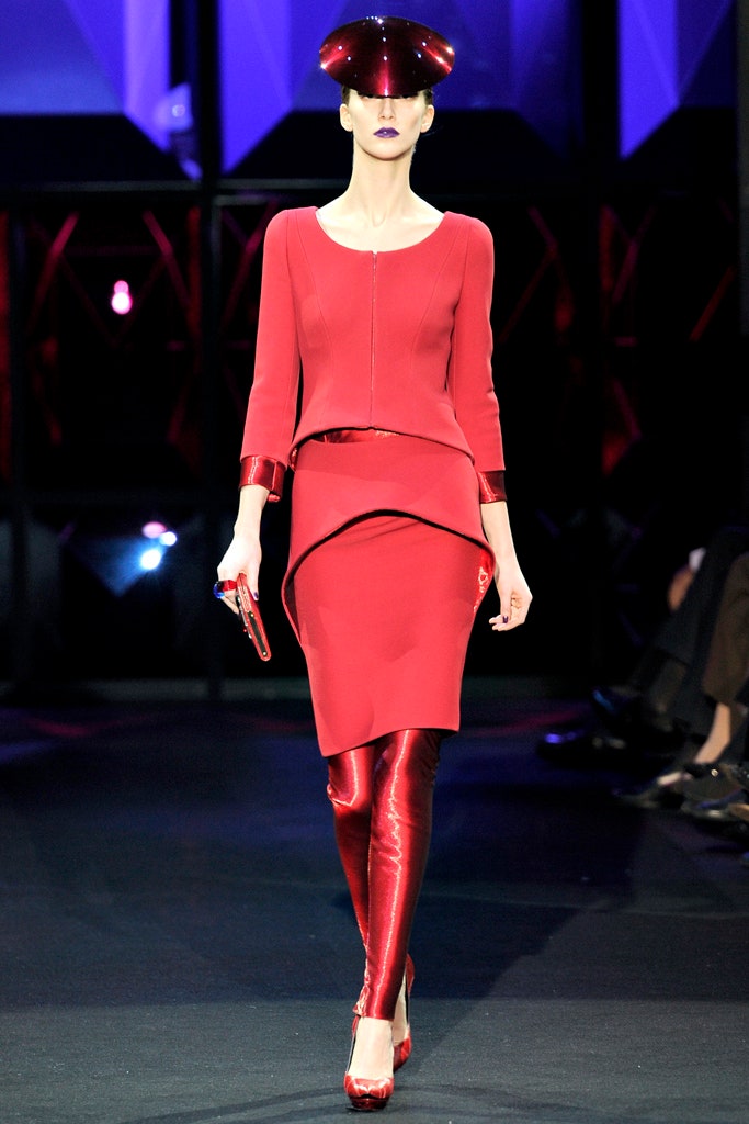 red neoprene long-sleeve high-neck fitted shiny midi dress