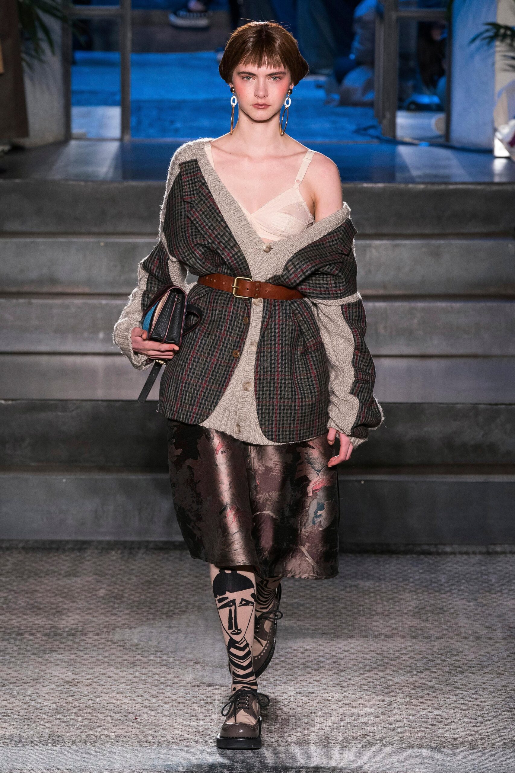 relaxed gray cardigan with pleated skirt