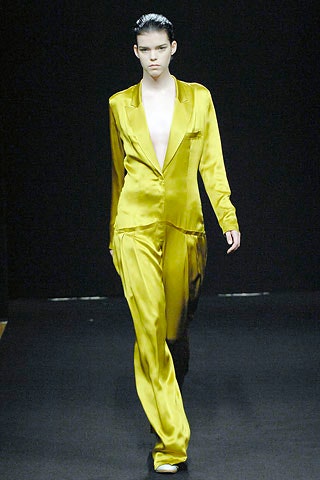 fitted yellow silk suit