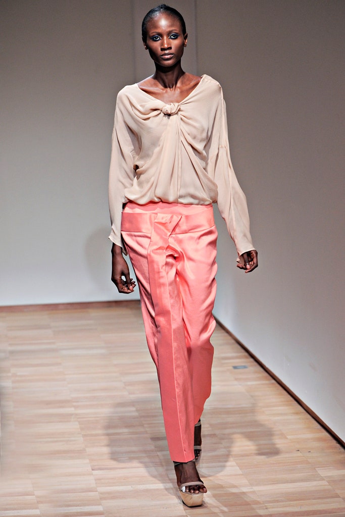 beige silk blouse coral pants