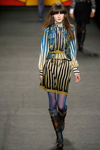 blue and white striped blouse with pleated skirt