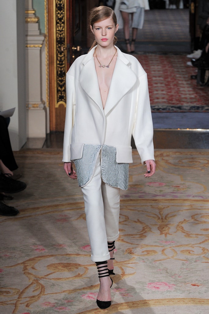 white relaxed jacket with fitted pants