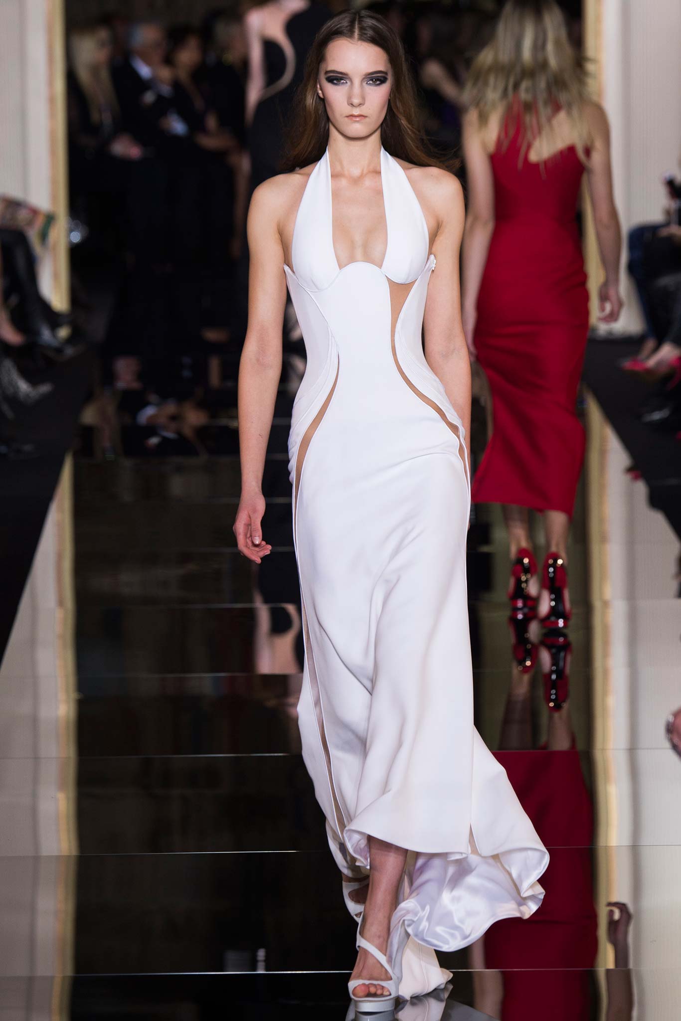 fitted white silk gown