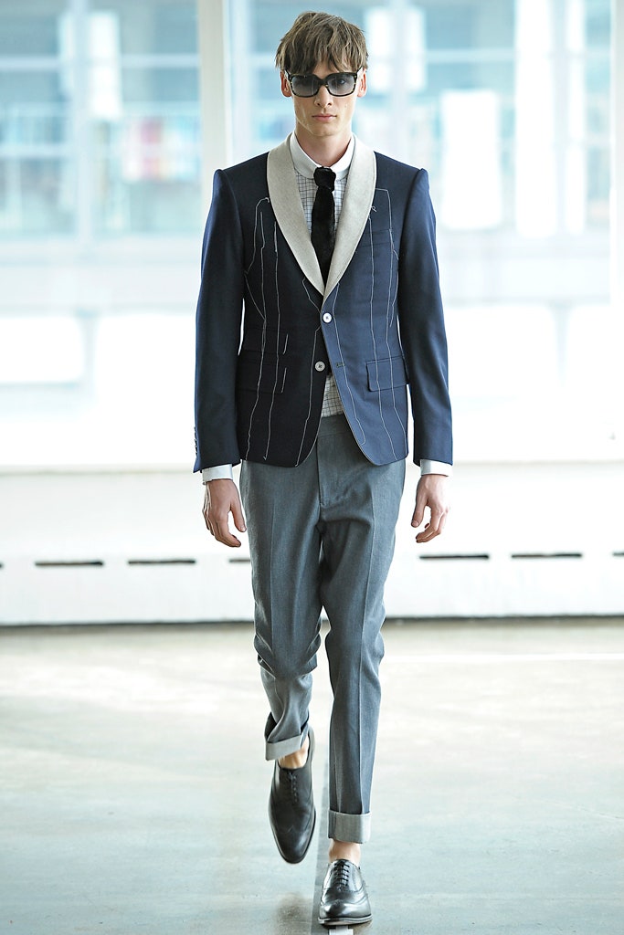 blue tailored blazer with gray pants