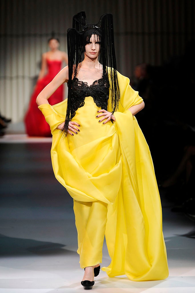 yellow silk draped maxi dress with black lace top