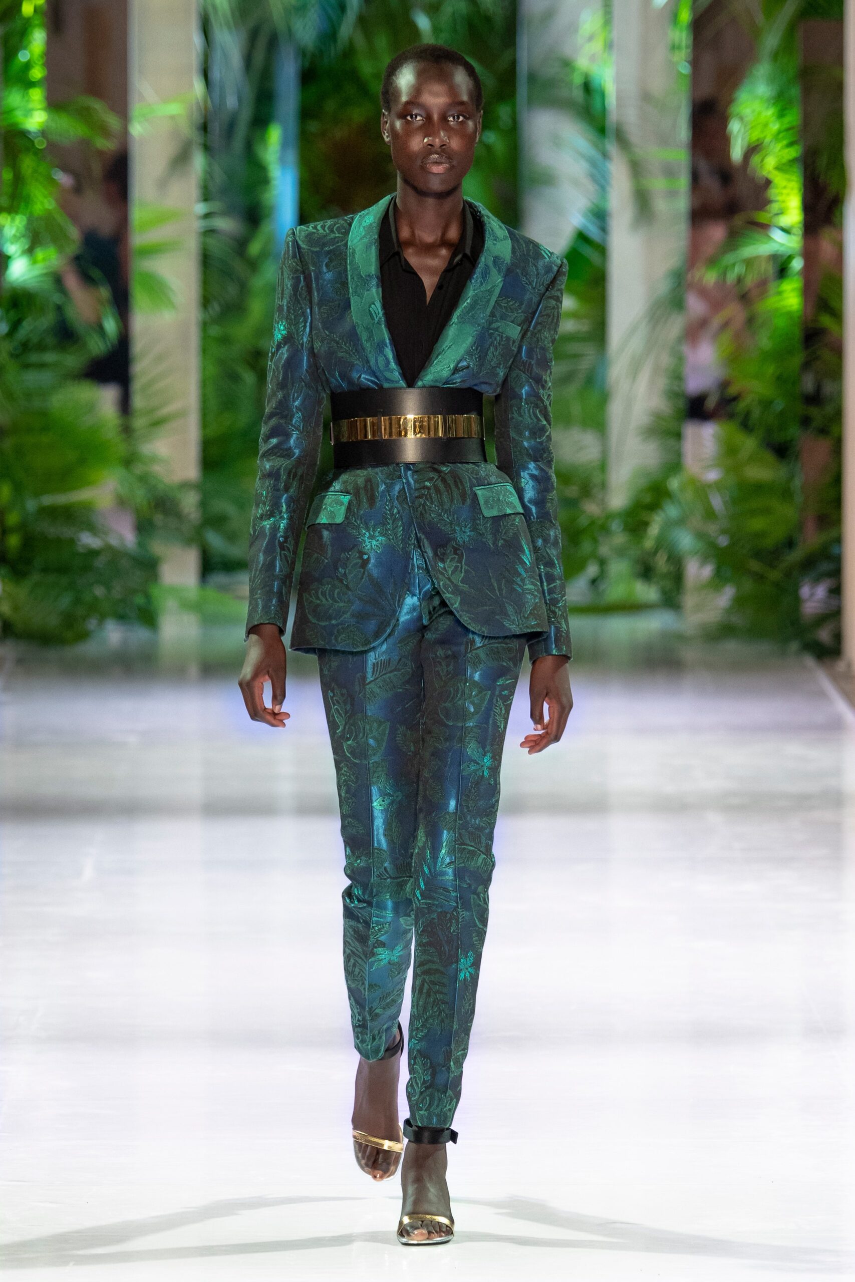 blue silk long-sleeve collared tailored printed suit