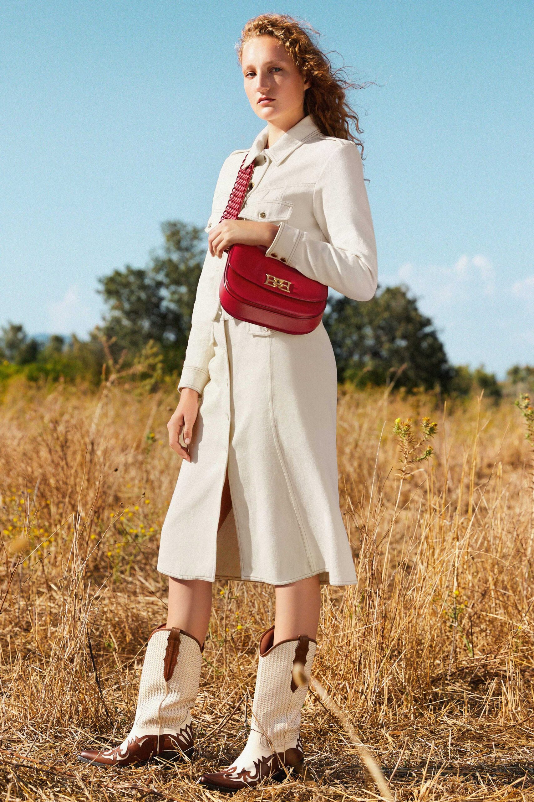 white cotton long-sleeve collared fitted buttoned midi dress