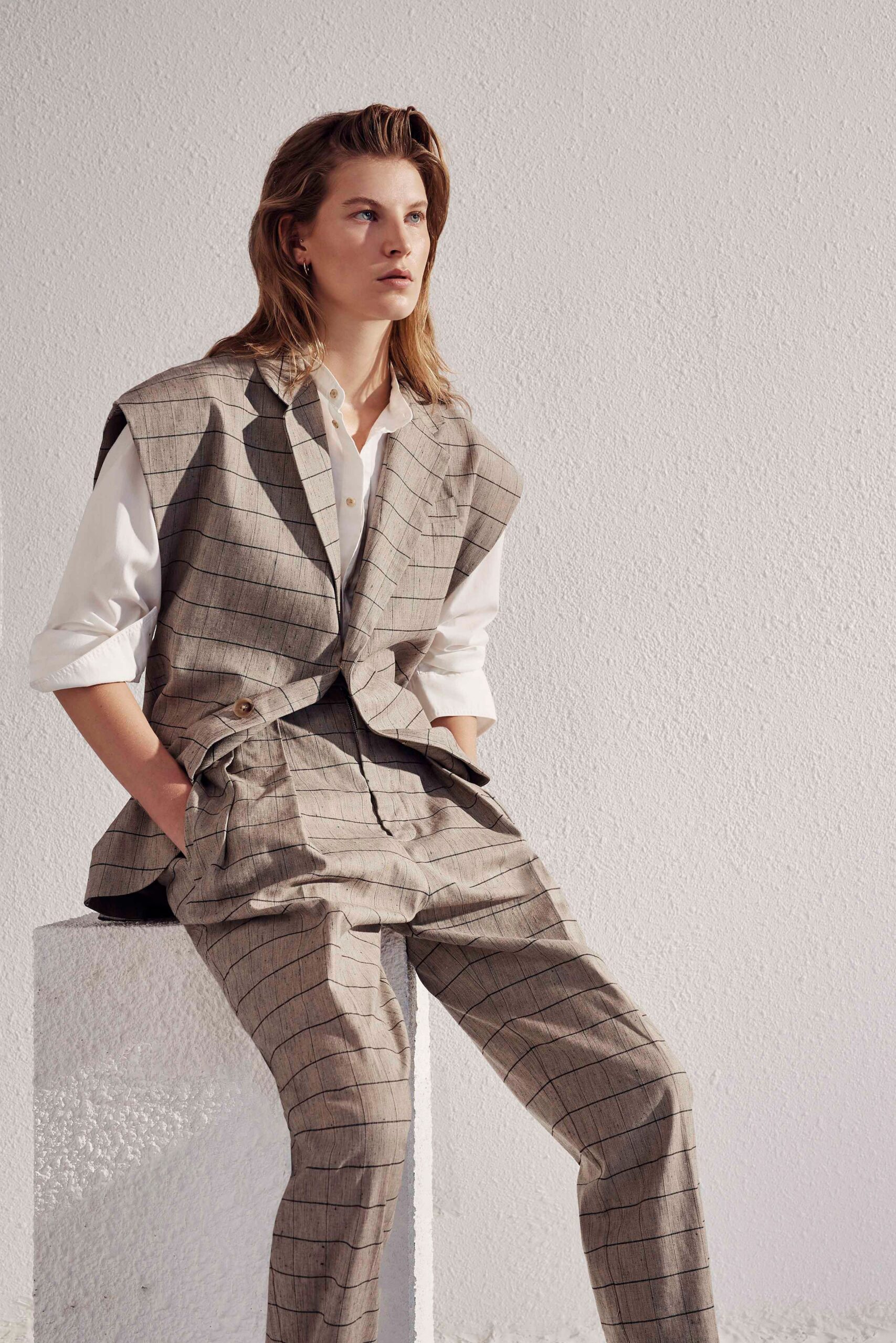 beige checked tailored blazer and pants