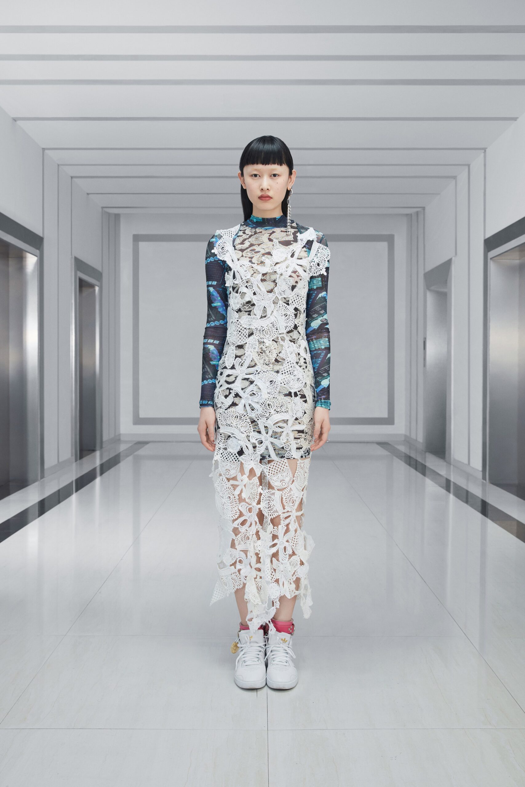 white lace fitted midi dress