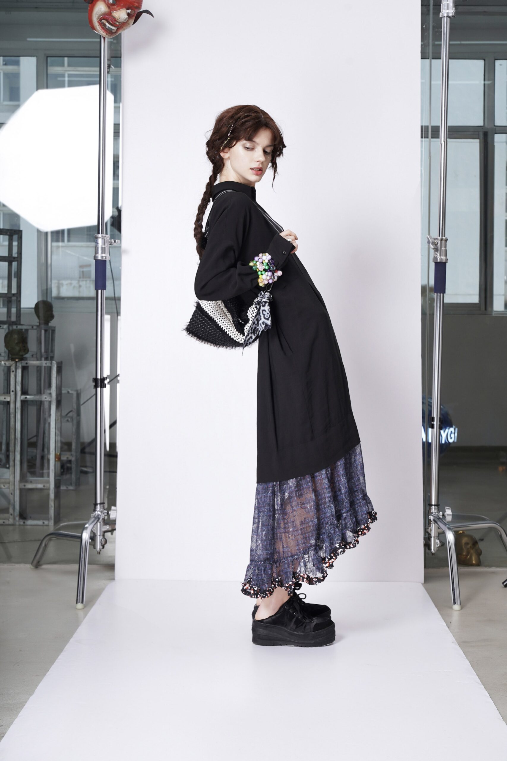 black cotton long-sleeve collared relaxed layered flared dress