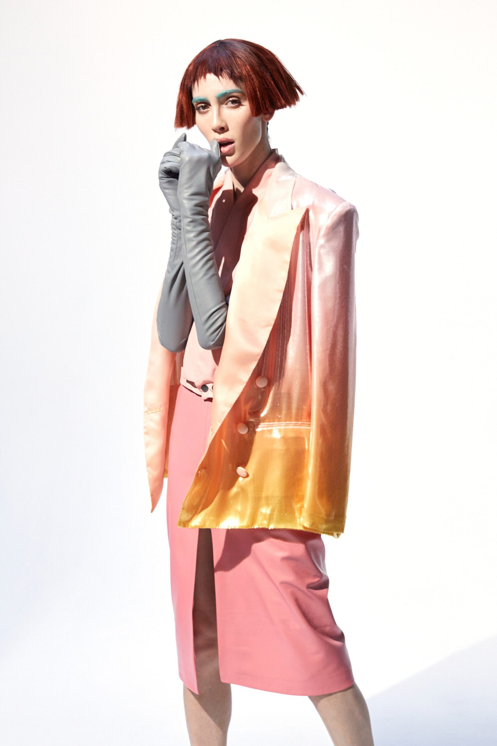 pink silk blazer with pencil skirt