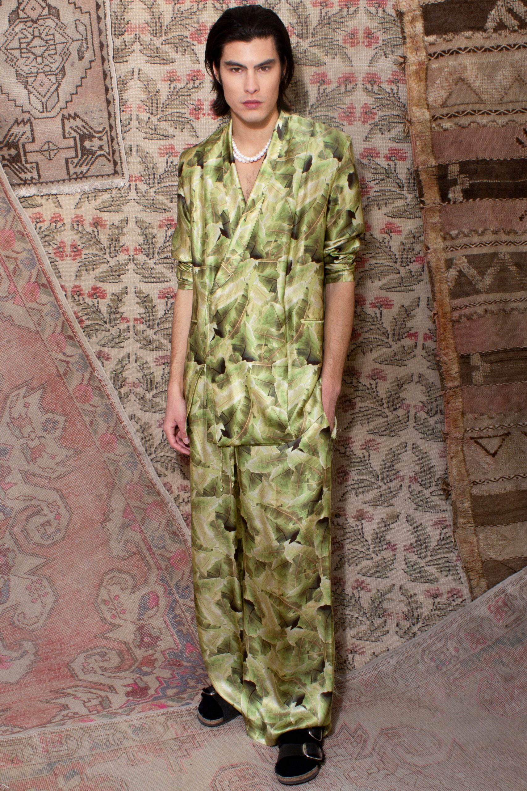 green printed silk suit