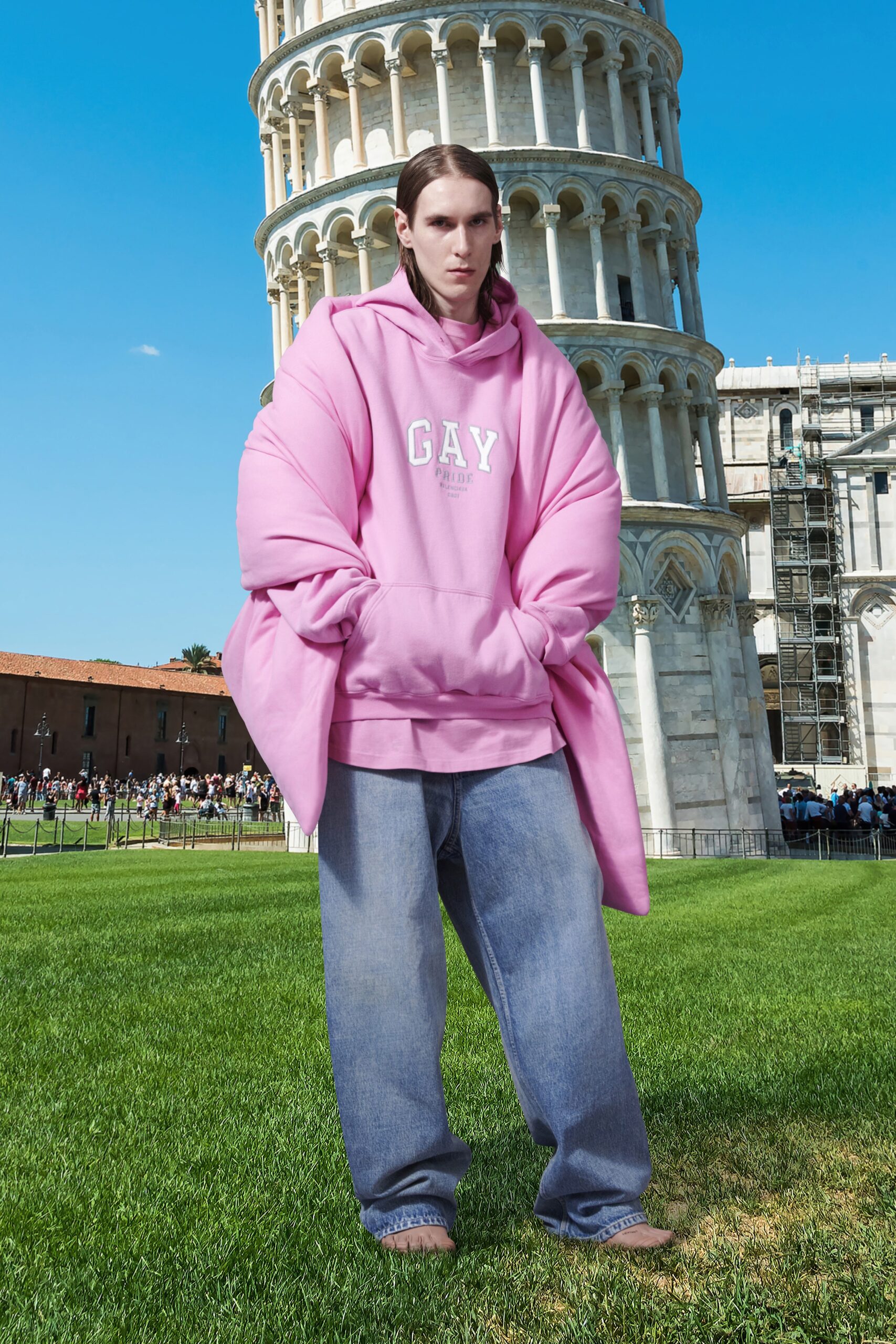 oversized pink hoodie and relaxed jeans