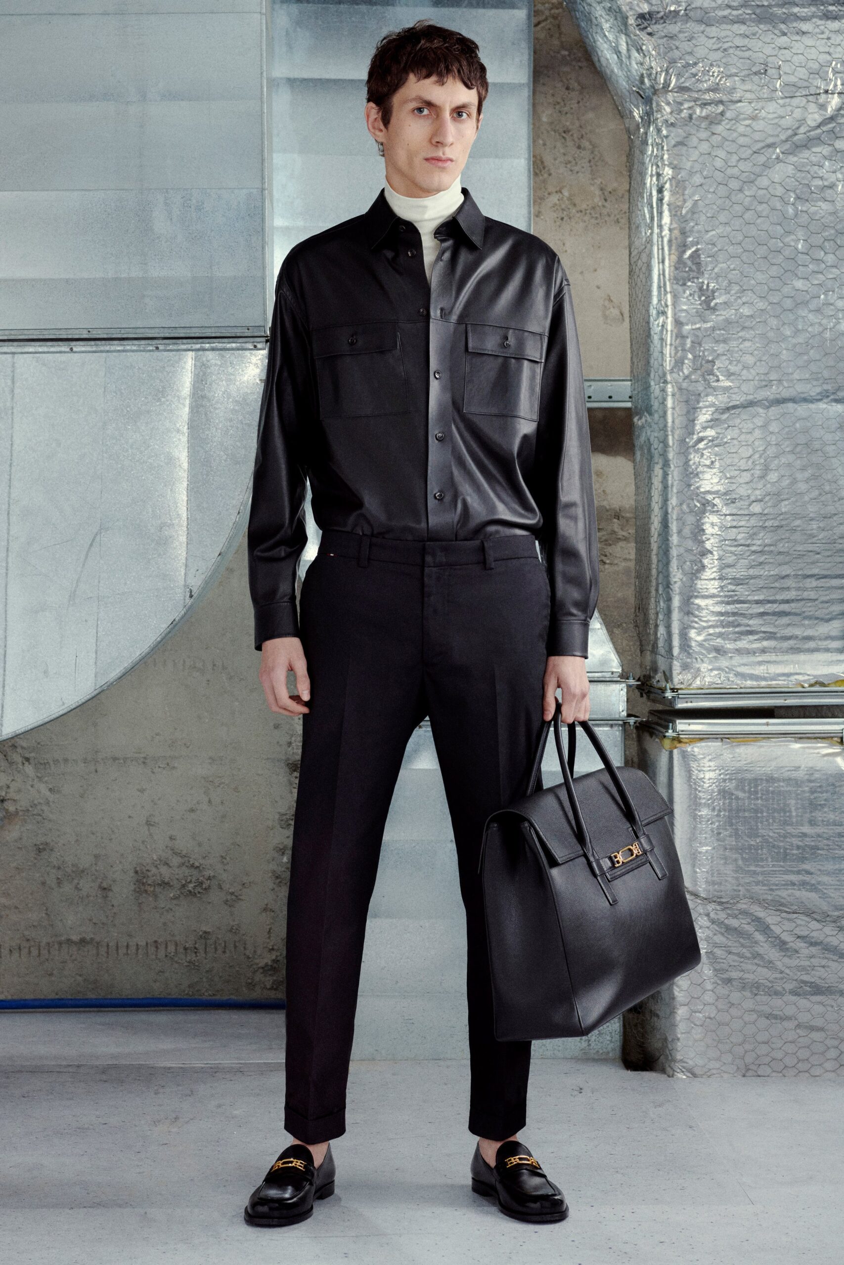 black silk shirt tailored pants