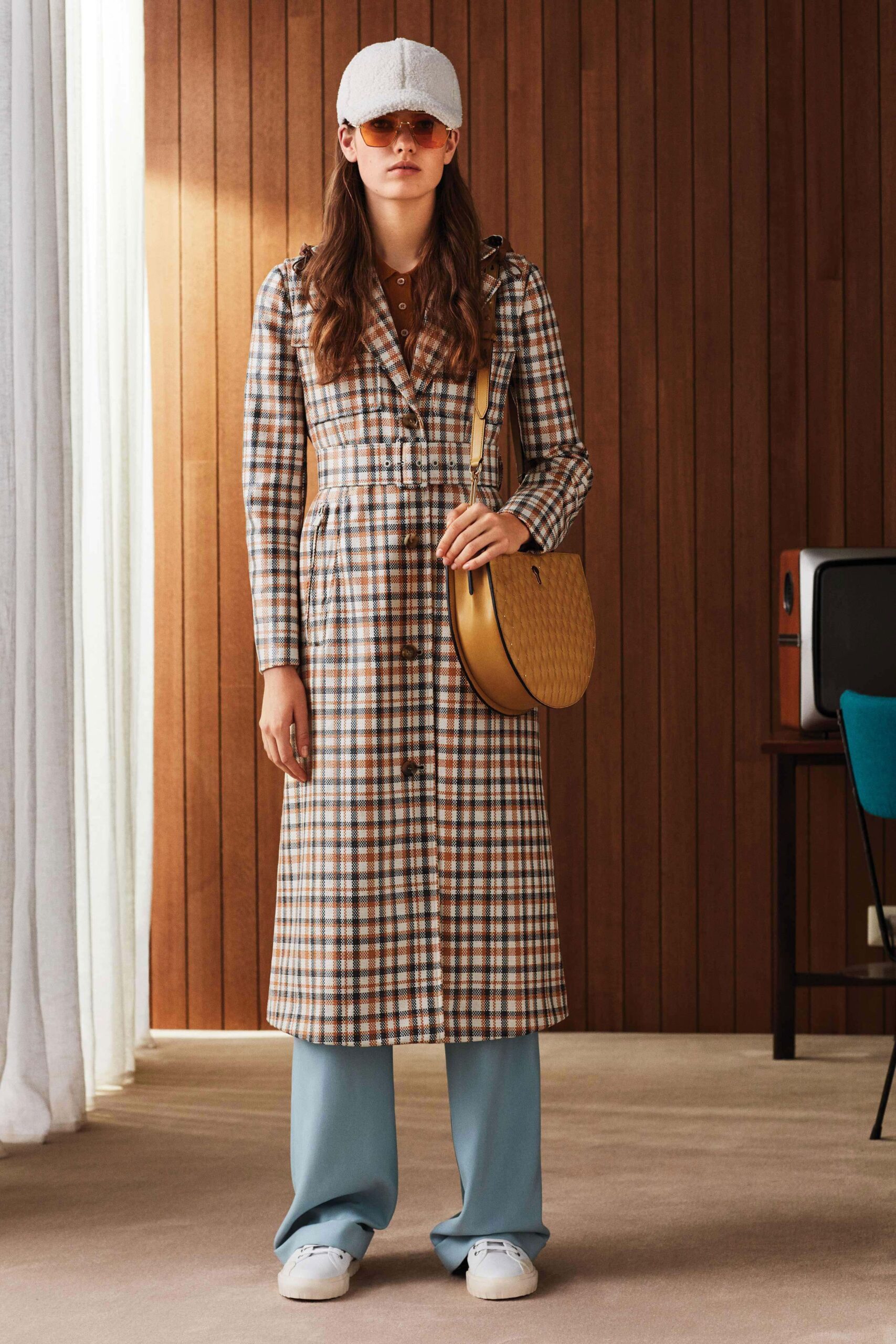 beige checked midi dress with blue pants