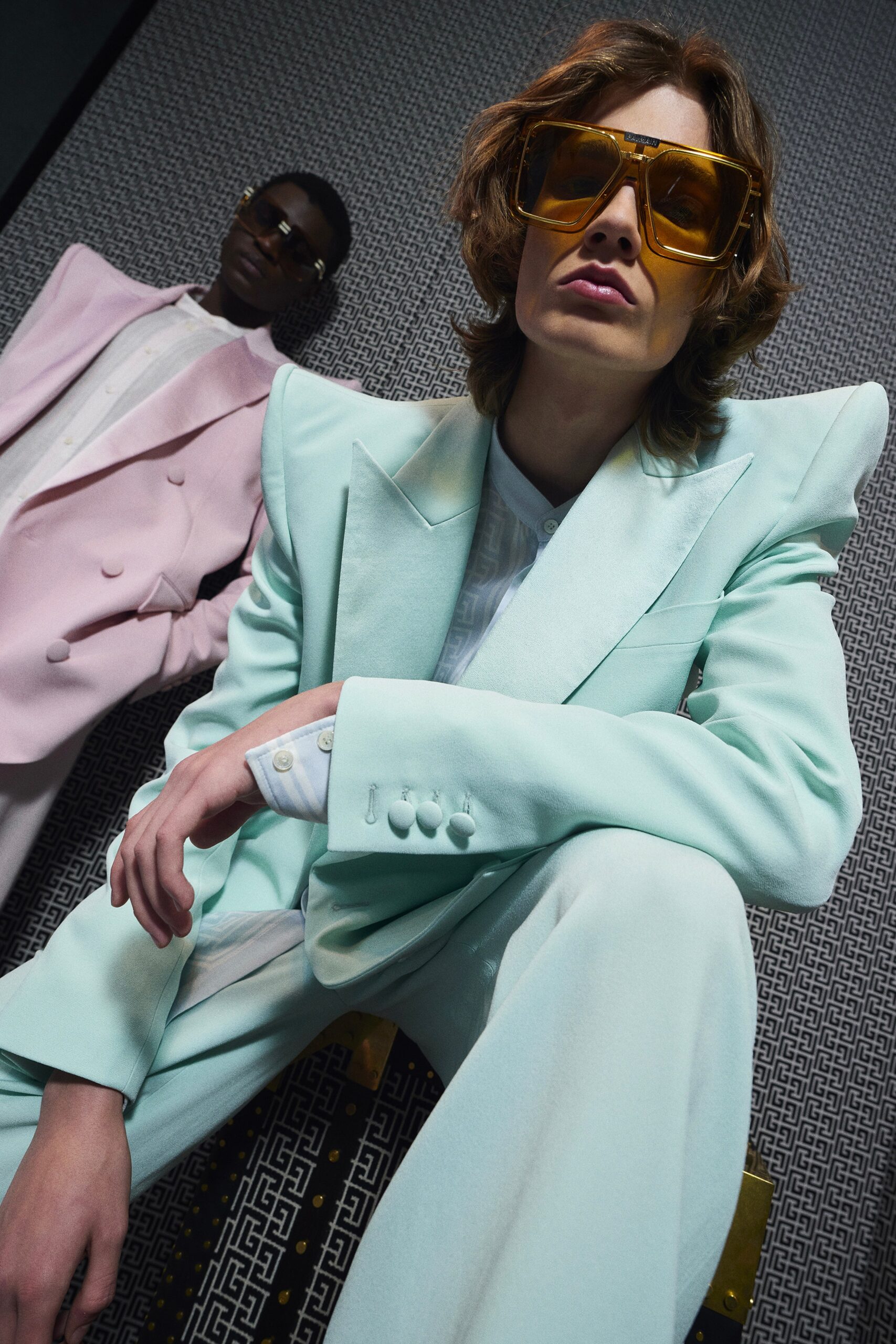 pink long-sleeve collared tailored buttoned suit