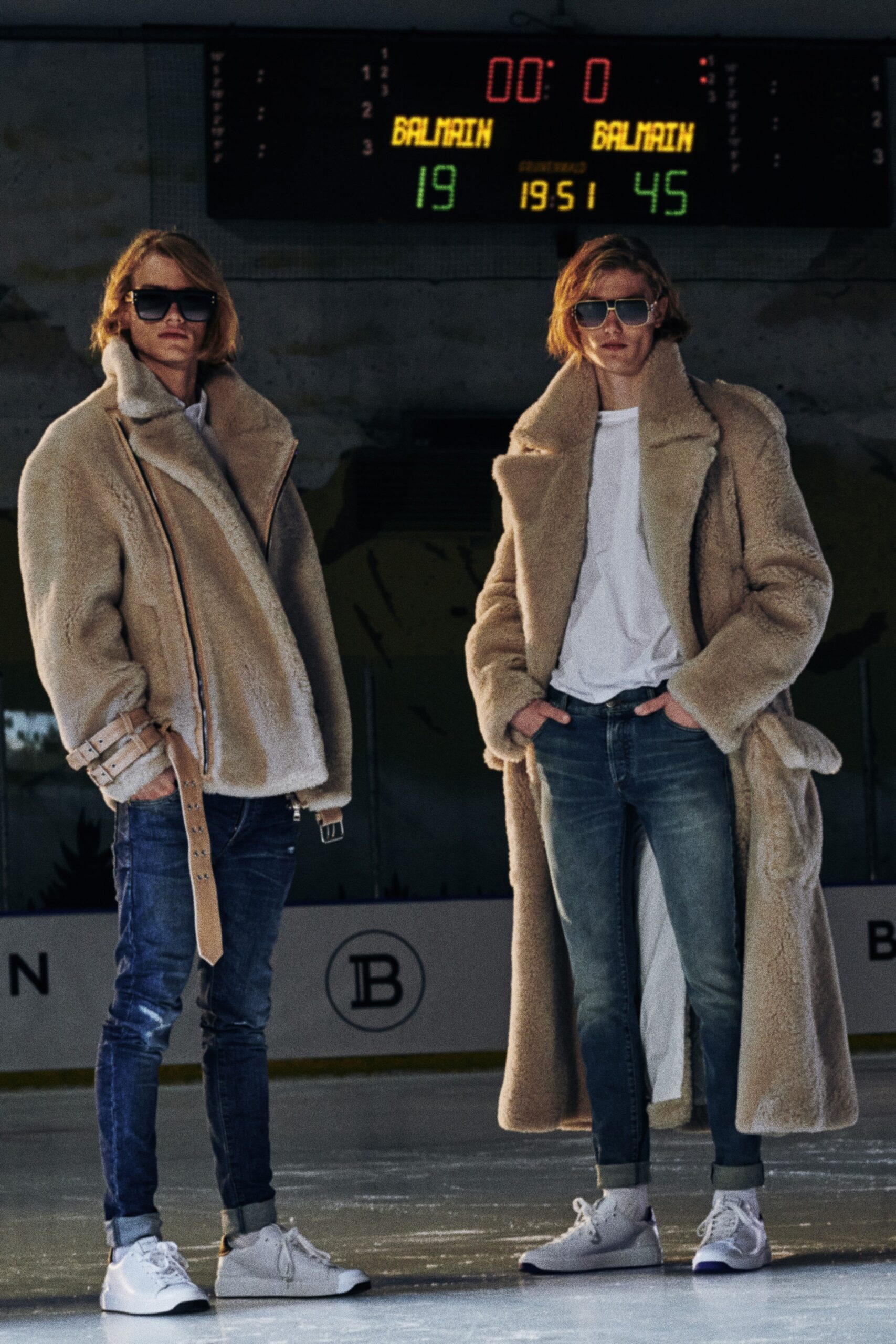 beige faux-fur coat with jeans