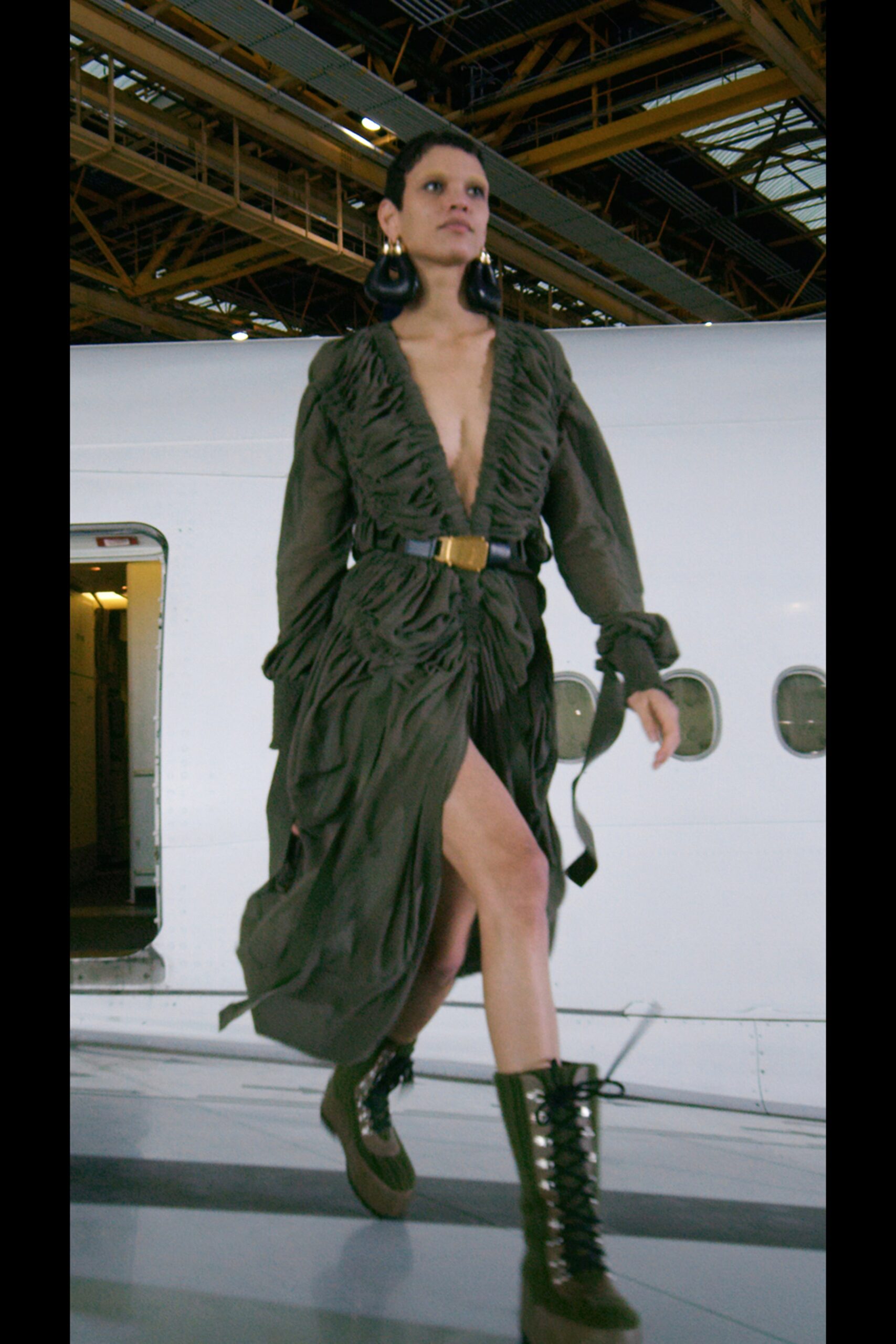 green cotton long-sleeve v-neck fitted ruched belted dress