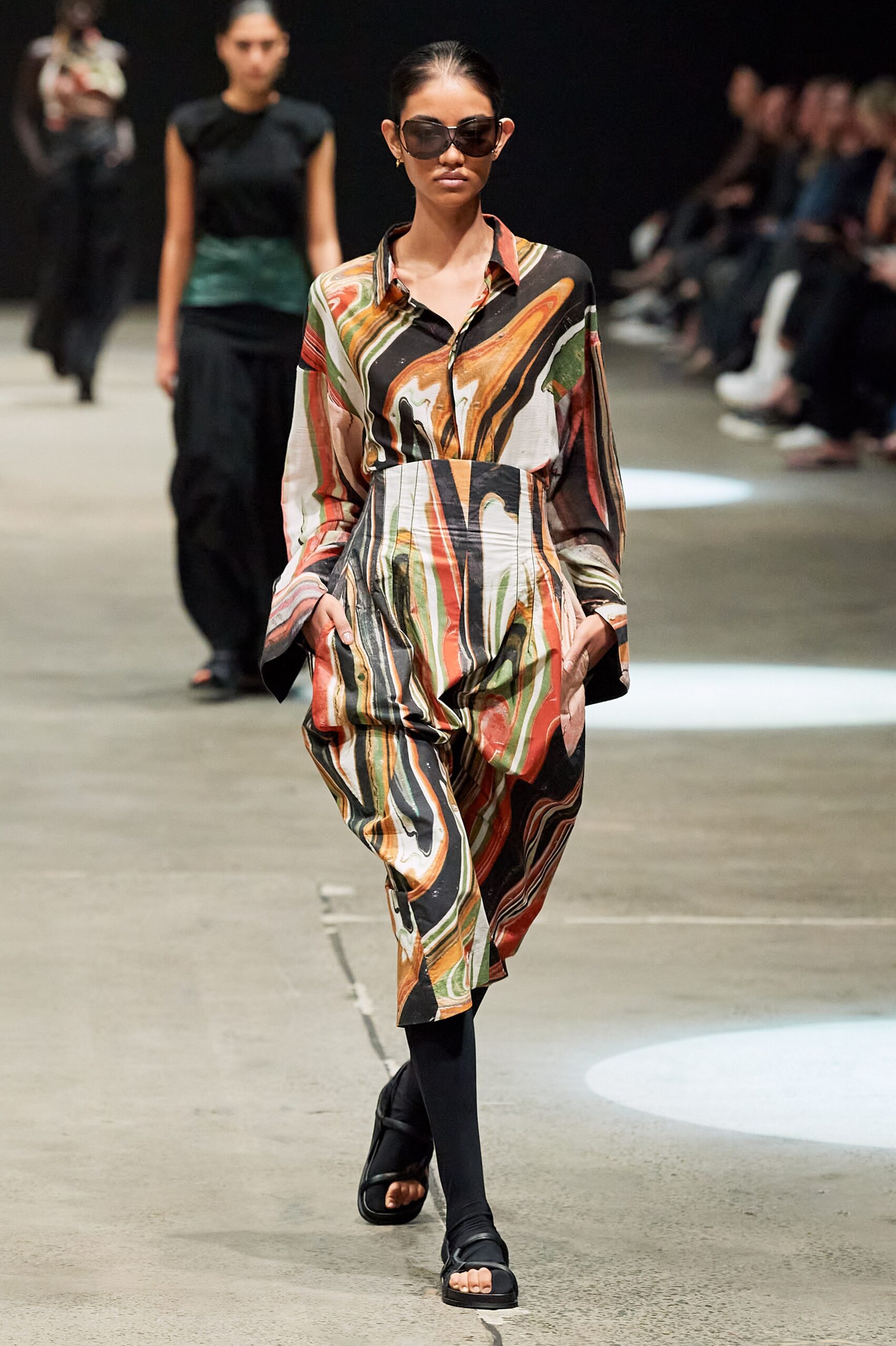 multi-colored midi dress with black pants