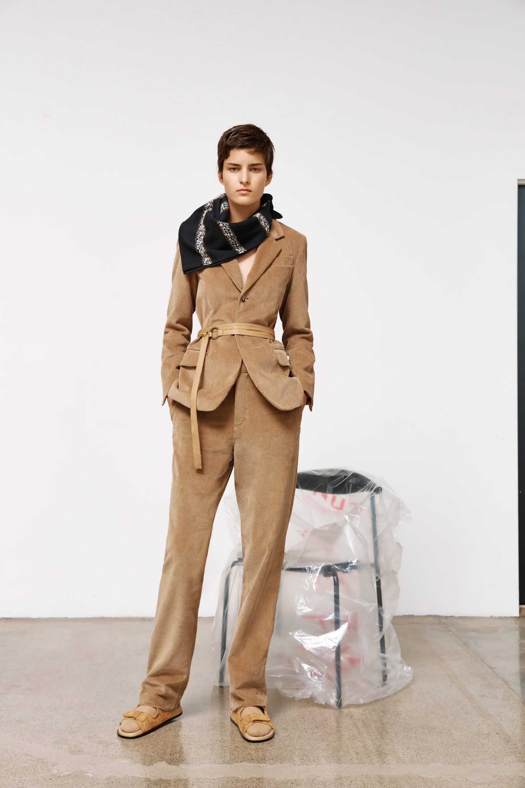 brown linen long-sleeve collared tailored belted suit