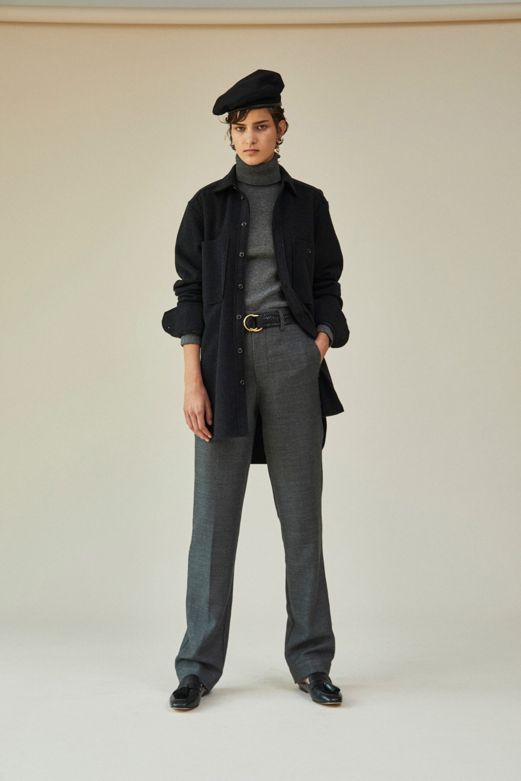 black wool jacket with gray turtleneck