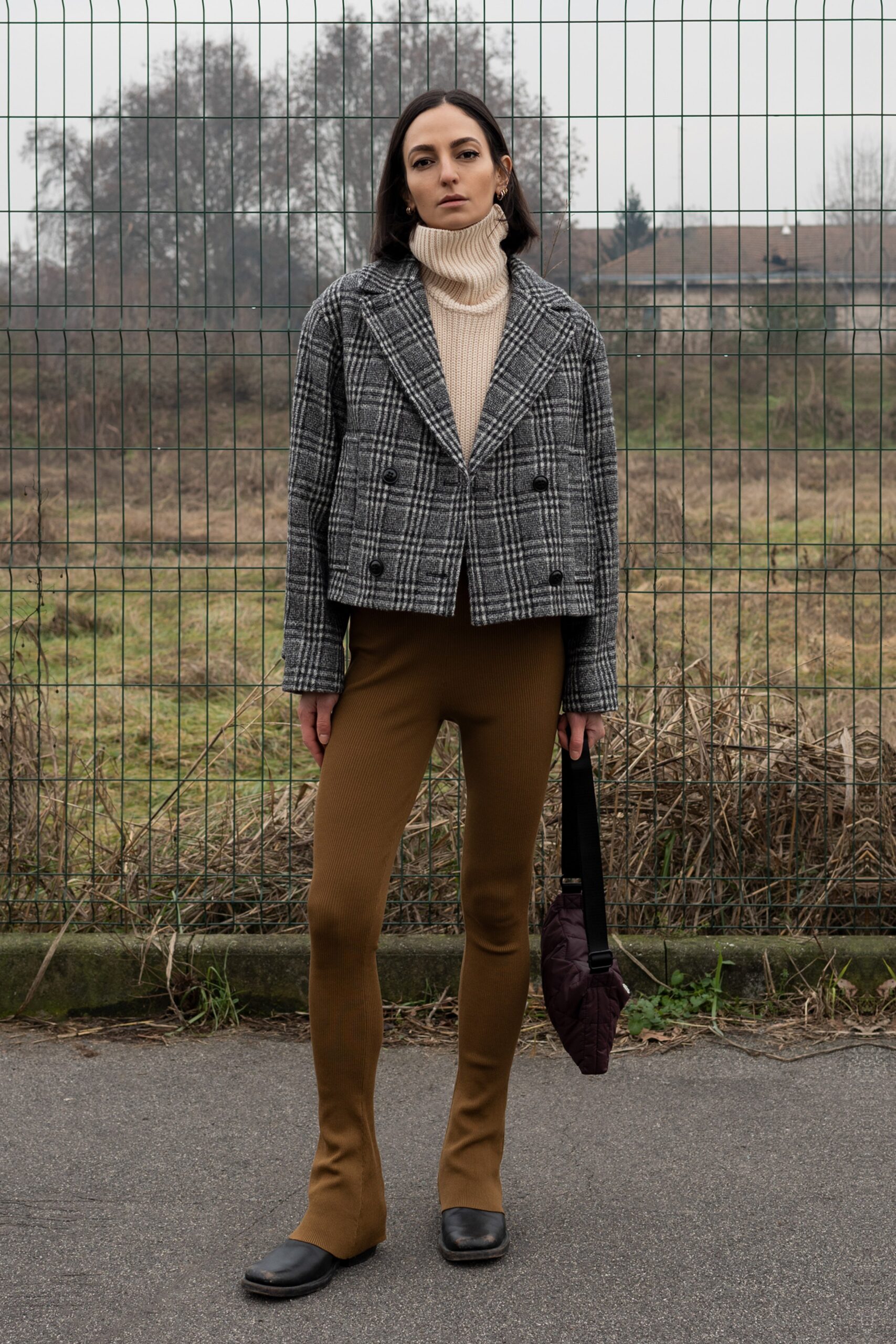 gray checked jacket beige turtleneck brown flared pants