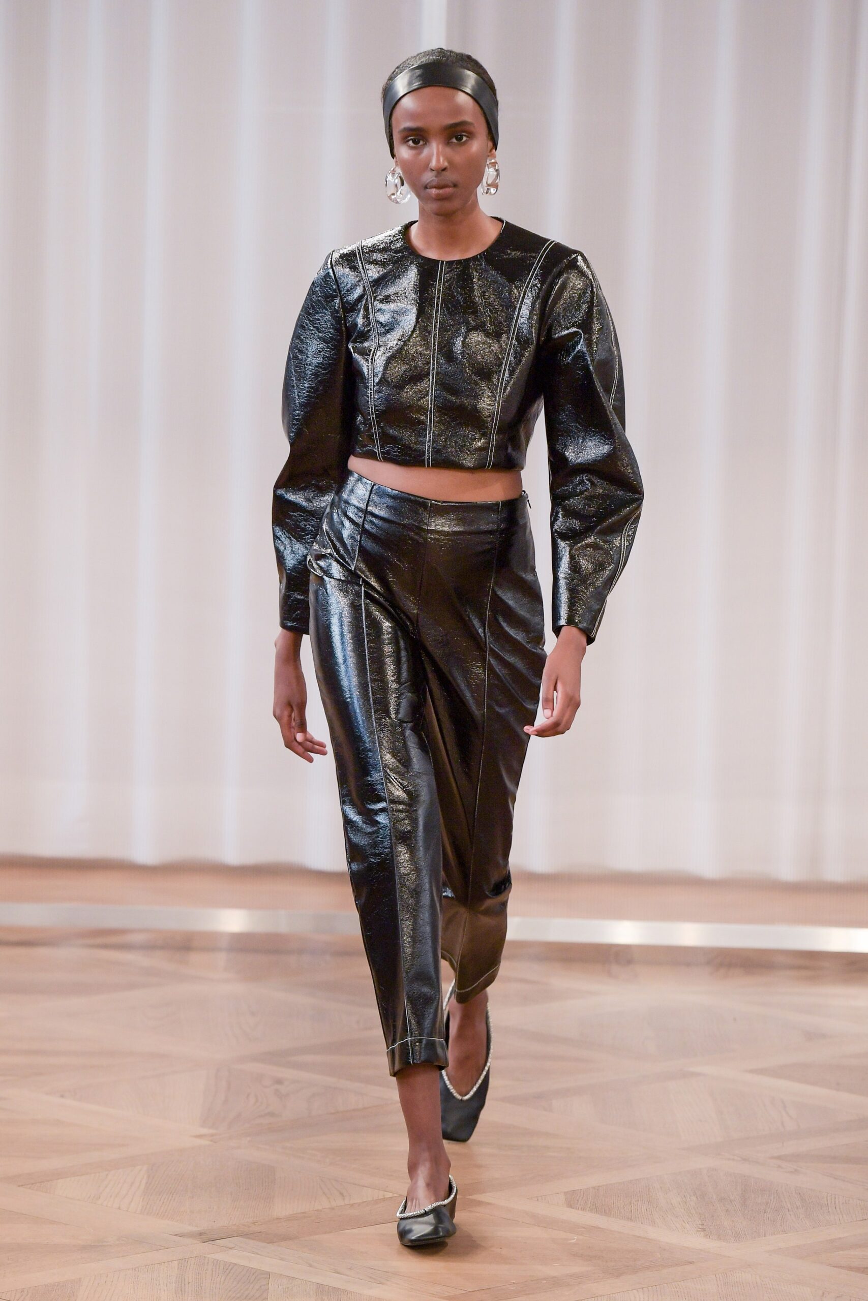 black vinyl cropped top and pants