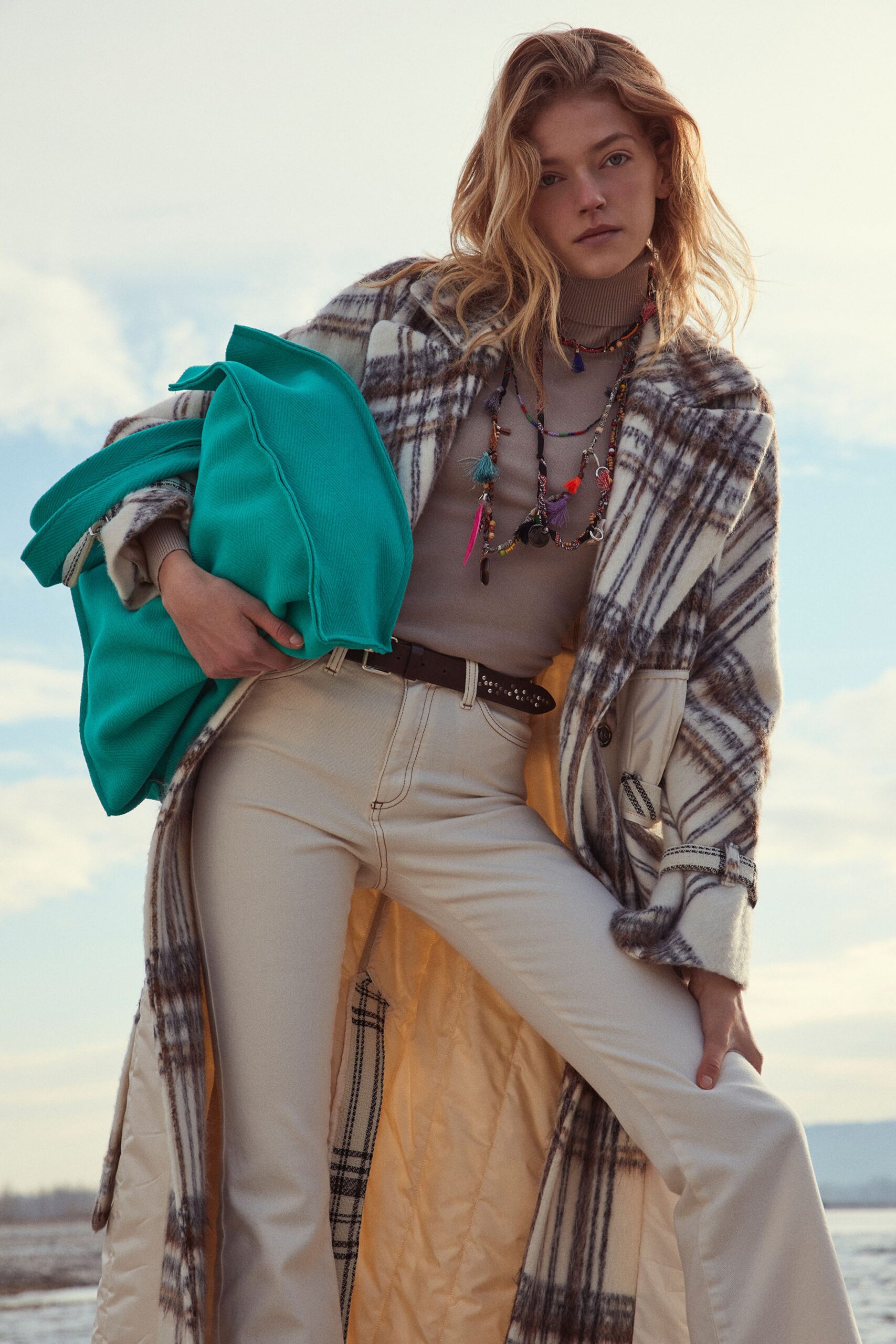 ivory brown checked wool coat
