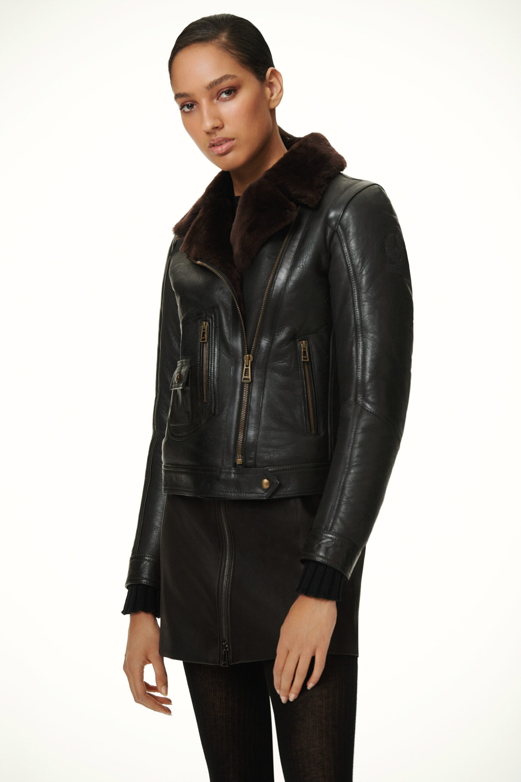 black leather fur-collar jacket