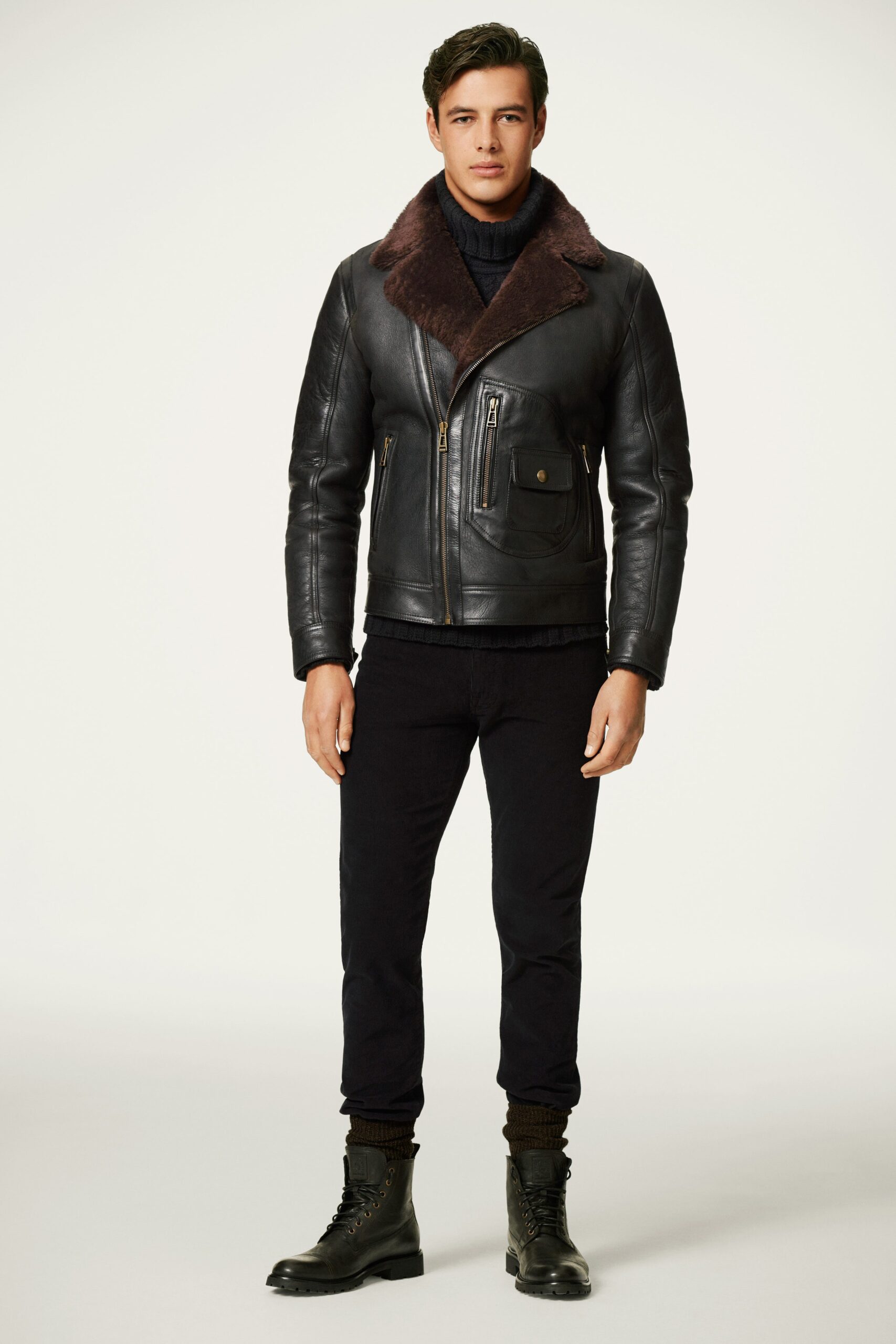 black leather shearling collar jacket