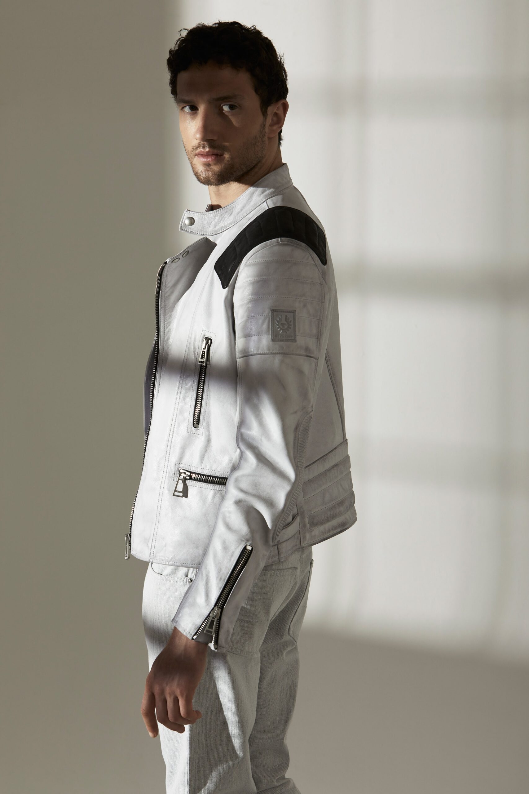 white leather zippered jacket