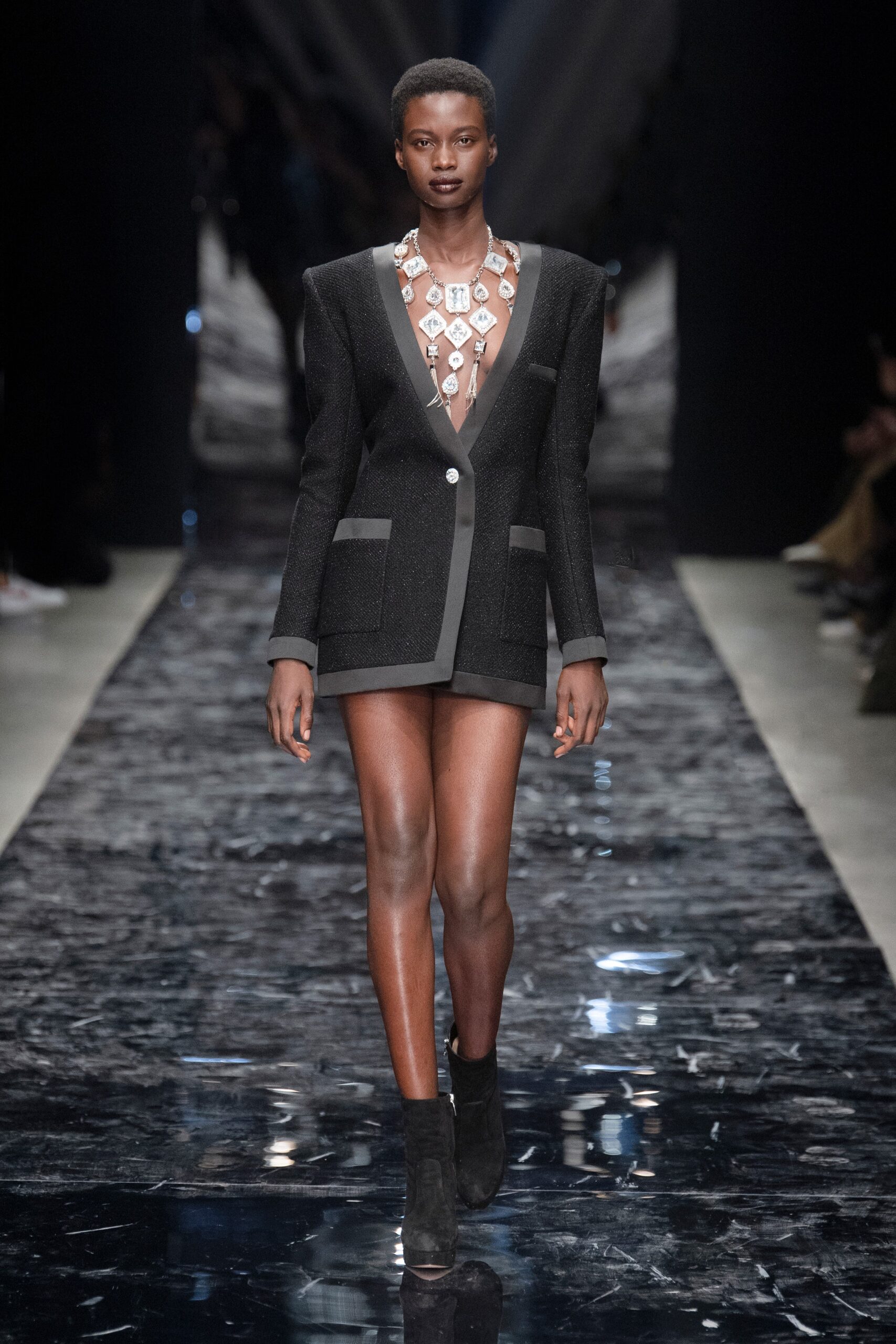 black wool long-sleeve v-neck fitted buttoned short blazer