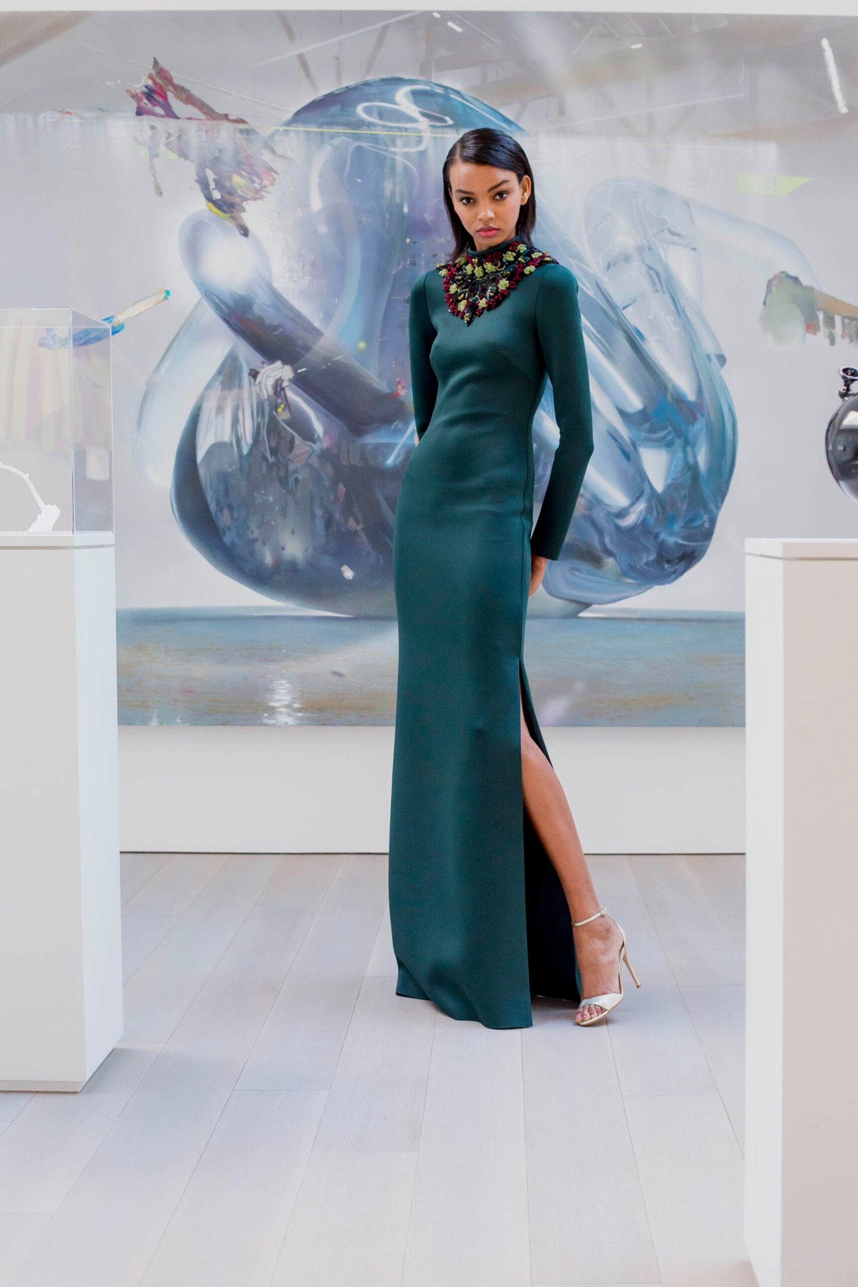 green silk fitted gown