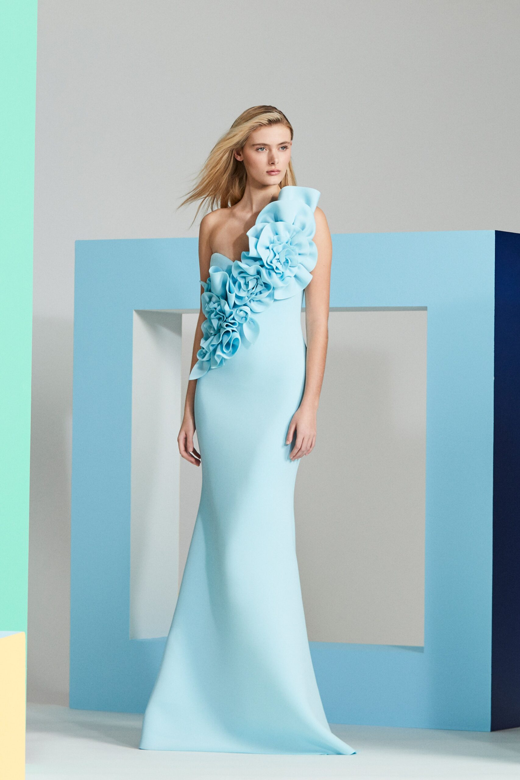 blue silk off-shoulder gown