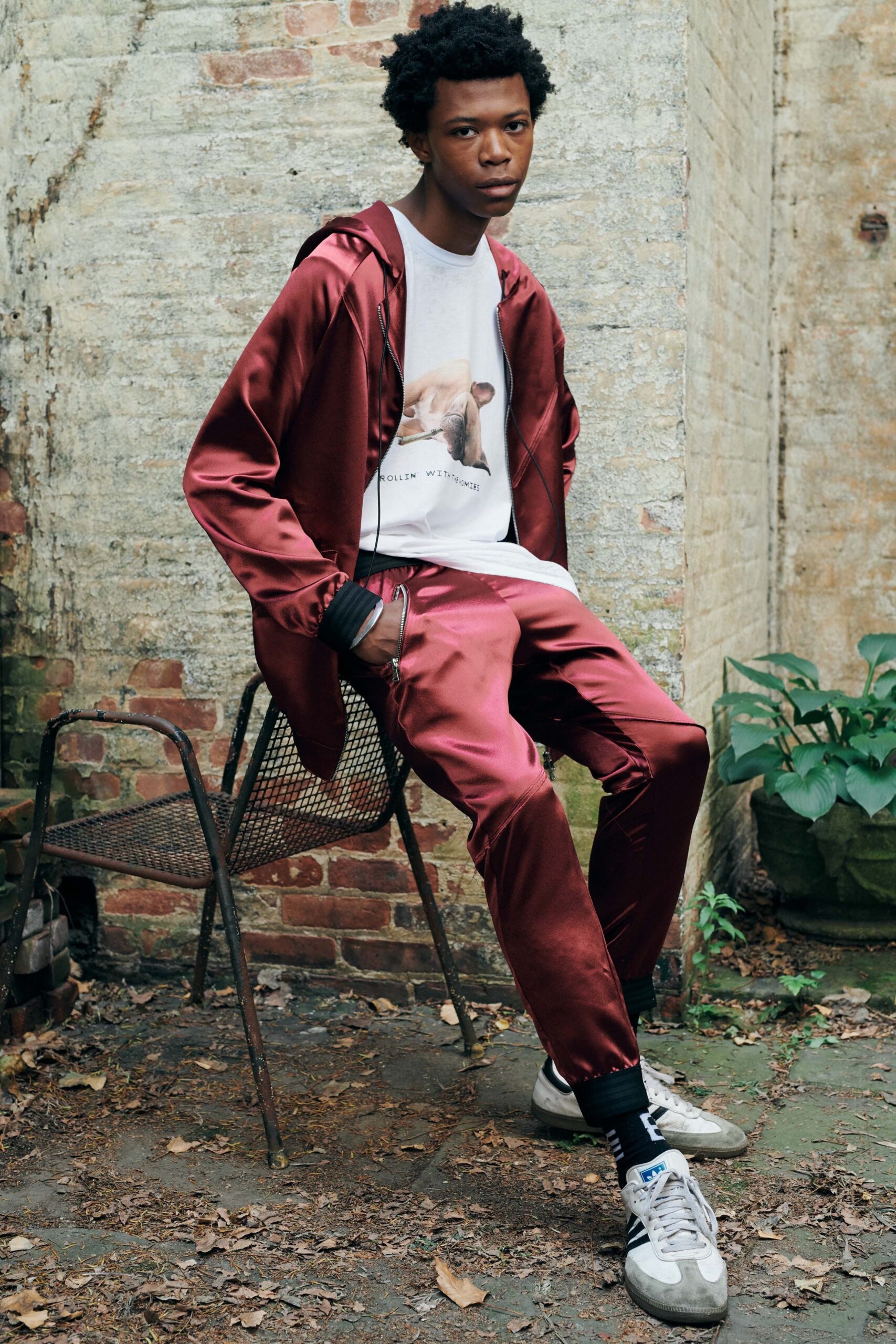 red satin jacket and pants