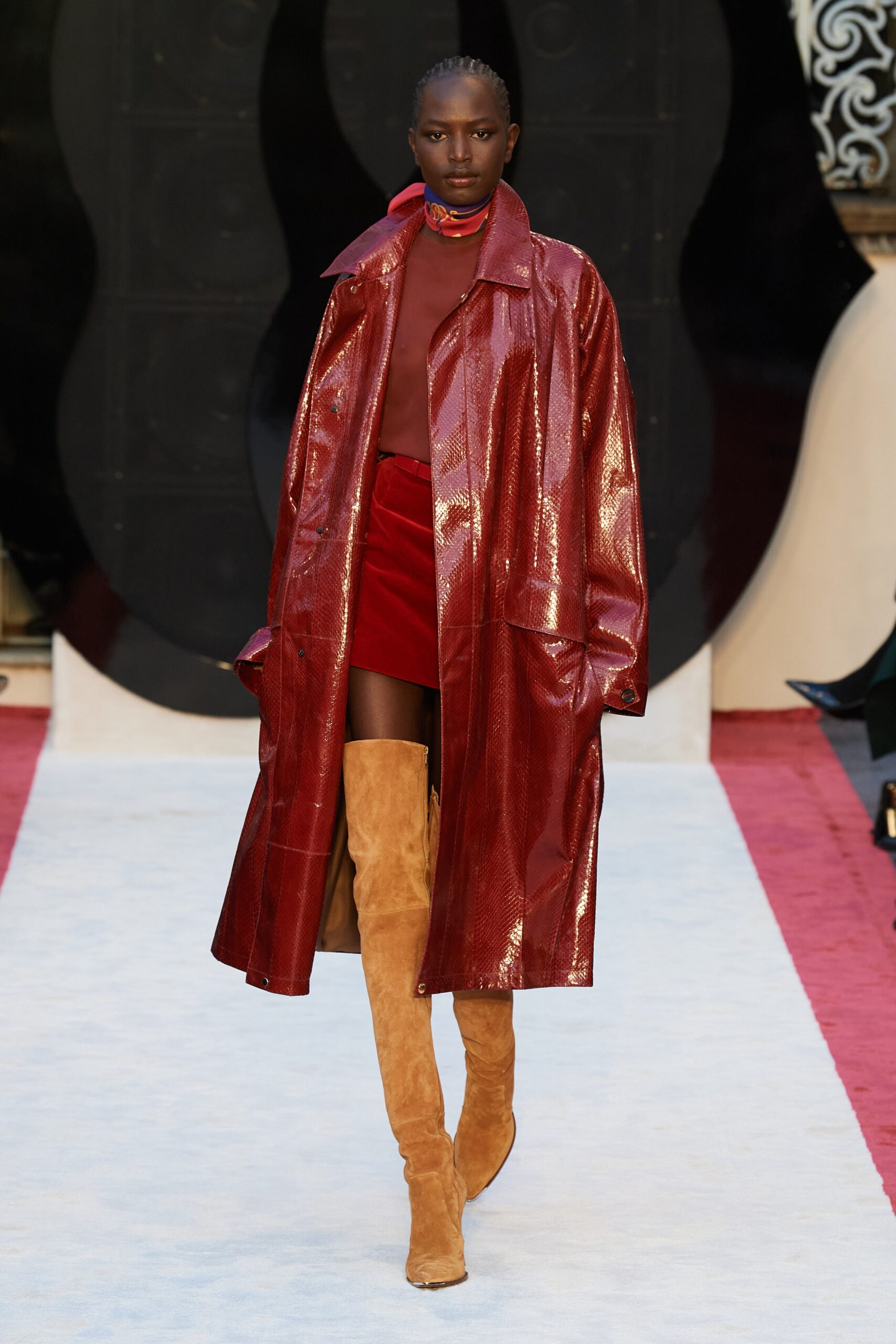 shiny red vinyl coat with fitted skirt